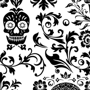 Mystical Macabre Damask Ornament And Skull Pattern Black And White Large Scale