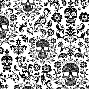 Mystical Macabre Damask Ornament And Skull Pattern Black And White Medium Scale