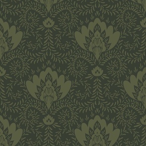 Moroccan floral damask style pattern- moss green and dark green // Big scale