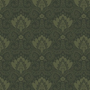 Moroccan floral damask style pattern- moss green and dark green // Medium scale