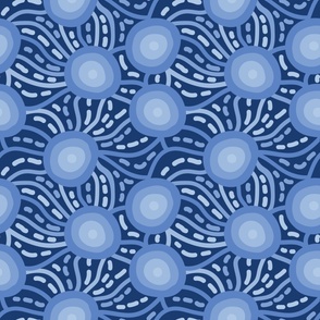Blue Monochromatic - Interlacing Stripes, Hatchings and Circles - Groovy Geometrics - Psychedelic