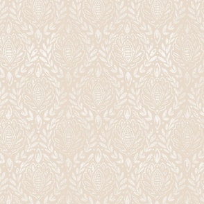 Distressed White Damask Leaves on beige