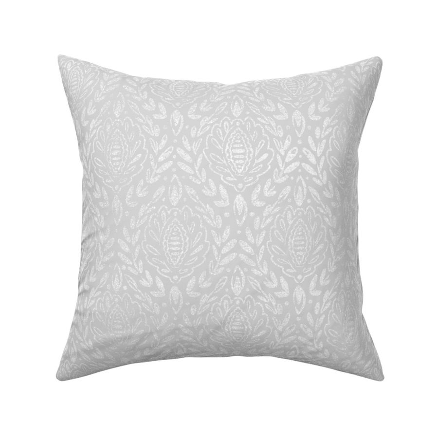 Distressed White Damask Leaves on light grey