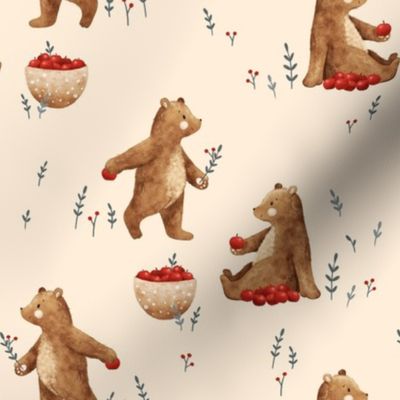 Cute brown bear picking red apples - off white - kids pattern by Zanetfromwonderland