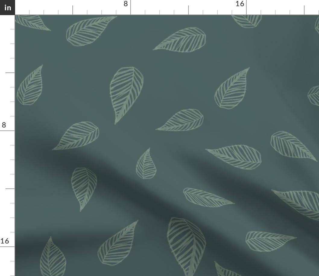 falling green leaves on a dark green / teal background - large scale
