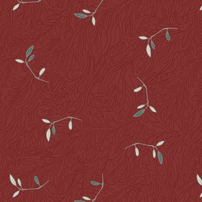 falling green leaves on a dark red background with floral texture - medium scale