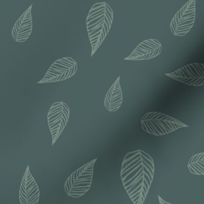 falling green leaves on a dark green / teal background - medium scale