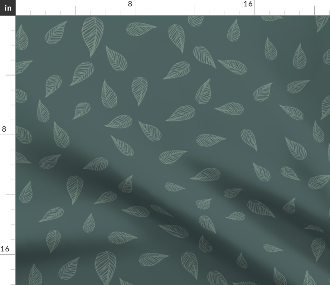 falling green leaves on a dark green / teal background - medium scale