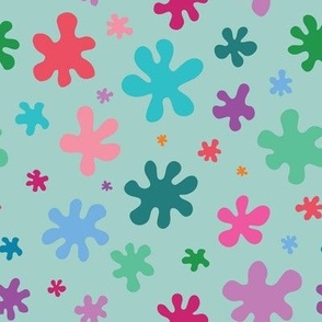 Cute hand drawn playful scattered splash blobs in light pale aqua blue and vibrant multi color