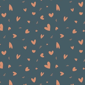 Retro hand drawn tossed hearts in dark blue grey and blush pink