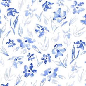 Painted Blue Watercolour Flowers on White 