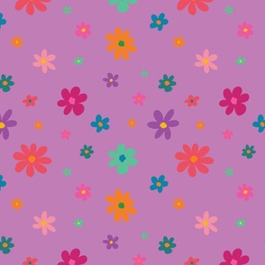 Cute hand drawn scattered playful flowers in lilac purple and bright multi colors