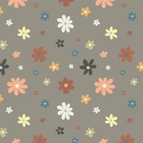 Cute hand drawn scattered playful flowers in khaki brown and earth tones