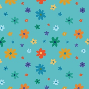Cute hand drawn scattered playful flowers in dark sky blue with bright summer colors