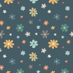 Cute hand drawn scattered playful flowers in dark blue grey and earth tones