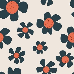 Large Scale Daisy Fun in Navy and Coral on Cream 12x12