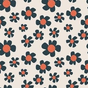 Small Scale Daisy Fun in Navy and Coral on Cream 3x3