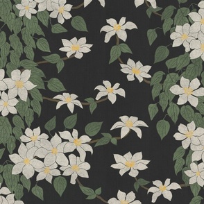 Trailing floral in black, green and white for bedding, home decor and wallpaper