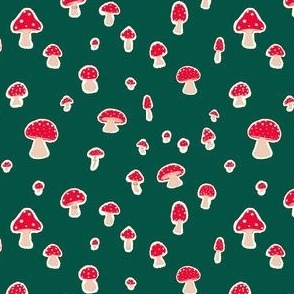 (S) Red Toadstools on pine green, forest floor woodland