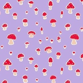 (S) Red Toadstools on lavender amethyst purple, enchanted woodland clearing