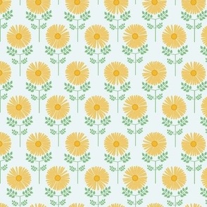 Small-scale sweet daisy print in colors of golden yellow, orange, green, and aqua blue.
