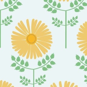 Large-scale sweet daisy print in colors of golden yellow, orange, green, and aqua blue.
