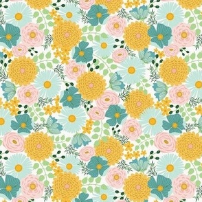 Small-Scale scattered fall flower design in colors of golden yellow, orange, teal, aqua blue, and pink.  

