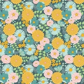 Small-Scale scattered fall flower design in colors of golden yellow, orange, grey, teal, aqua blue, and pink.  
