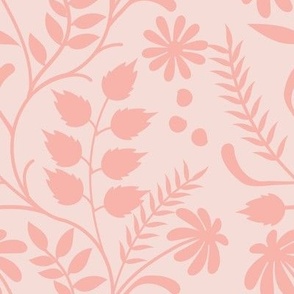 Large-Scale climbing vines and flower design in colors of medium pink and light pink.  
