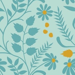 Large-Scale climbing vines and flower design in colors of teal, aqua blue, orange and saffron yellow.  
