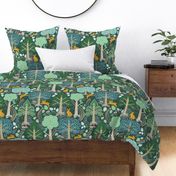 Large-Scale enchanted woodland forest design with trees, rainbow trails, and woodland animals in colors of teal, aqua blue, green, yellow, pink, grey, and golden orange. 
