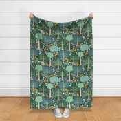 Large-Scale enchanted woodland forest design with trees, rainbow trails, and woodland animals in colors of teal, aqua blue, green, yellow, pink, grey, and golden orange. 
