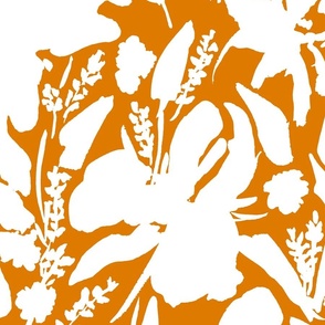 xl-Iris Florals and WIld Flowers hand painted silhouettes on Fulvous Orange