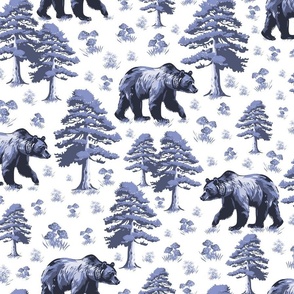Wild Bear Forest Animal Toile De Jouy, Foraging Bears in Pine Tree Woods, Small Flowers and Toadstools 
