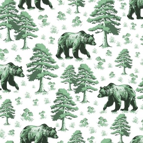 Grizzly Bear Forest Animal Green Toile De Jouy, Foraging Bears in Pine Tree Woods, Small Flowers and Toadstools 