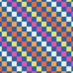 Diagonal Checkered Checks Stripes - Ditsy Scale - Cobalt Blue Hot Pink Yellow and Orange - Skater girl