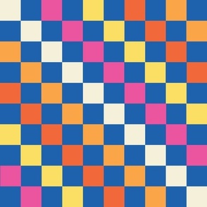 Diagonal Checkered Checks Stripes - Medium Scale - Cobalt Blue Hot Pink Yellow and Orange - Skater girl