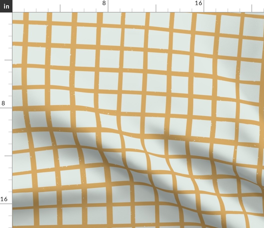Gold on Pale Aqua Grid, Bold Thick Grid, Gold and Blue, Hand Drawn Grid, Blender Fabric, Modern