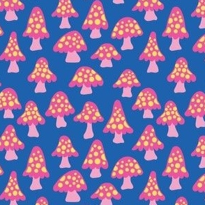 Cute Pink Mushrooms - Ditsy Scale - Cobalt Blue Background Girly