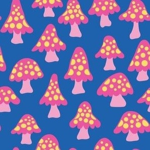 Cute Pink Mushrooms - Small Scale - Cobalt Blue Background Girly