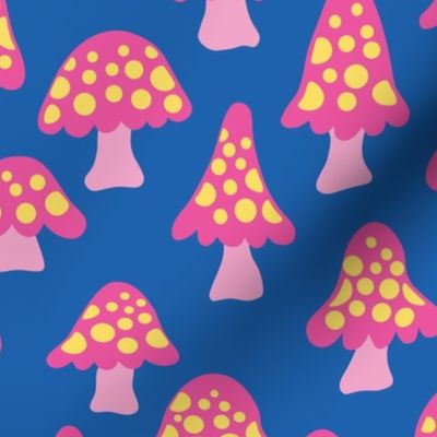 Cute Pink Mushrooms - Medium Scale - Cobalt Blue Background Girly