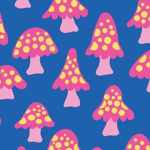 Cute Pink Mushrooms - Large Scale - Cobalt Blue Background Girly