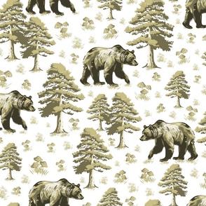 Bear Forest Toile de Jouy, Animal Foraging Bears in Green Pine Tree Woods, Small Flowers and Toadstools 