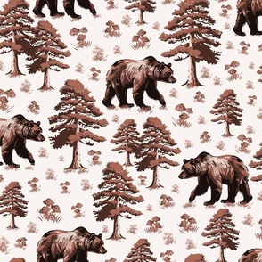 Chocolate Brown Bear Forest Toile, Bears in Pine Tree Woods Foraging Small WildFlowers and Toadstools 
