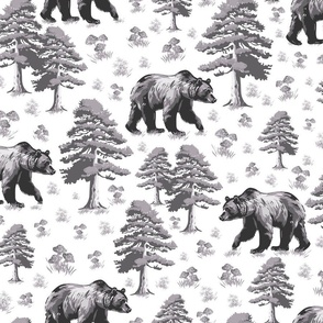 Black and White Bear Forest Toile, Bears in Pine Tree Woods Foraging Small Wild Flowers and Toadstools, Mamma Bear Forest Walking, Small Woodland Flowers, Curious Wild Mom Grizzly Bear, Monochrome Gray Wild Animal Toile De Jouy, Hungry Bear, Medium Scale