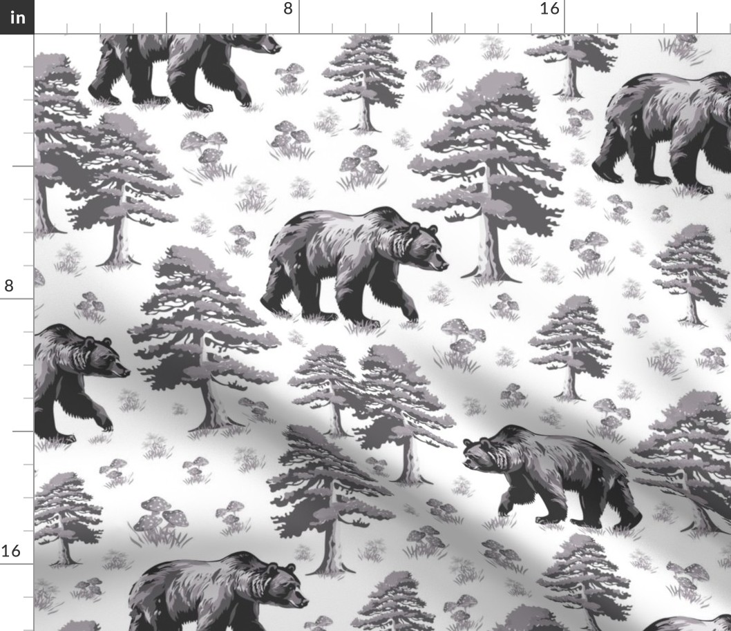 Black and White Bear Forest Toile, Bears in Pine Tree Woods Foraging Small Wild Flowers and Toadstools, Mamma Bear Forest Walking, Small Woodland Flowers, Curious Wild Mom Grizzly Bear, Monochrome Gray Wild Animal Toile De Jouy, Hungry Bear, Medium Scale
