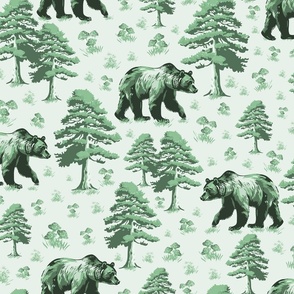 Whimsical Bear Forest Toile De Jouy, Bears in Green Pine Tree Woods Foraging Small WildFlowers and Toadstools 