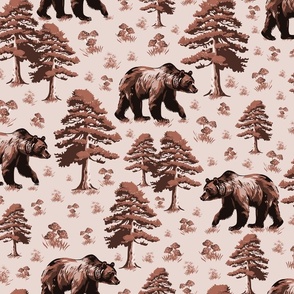 Whimsical Chocolate Brown Animal Pattern, Wild Bear Forest Toile De Jouy, Bears in Pine Tree Woods Foraging Small WildFlowers and Toadstools 