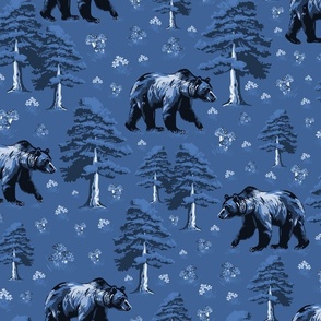 Calming Blue Whimsical Animal Pattern, Wild Bear Night Time Forest, Bears in Pine Tree Woods Foraging Small WildFlowers and Toadstools 