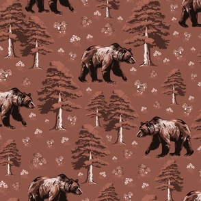 Calming Wild Forest Animal Pattern, Warm Brown Wild Bear Forest, Bears in Pine Tree Woods, WildFlowers and Toadstools 